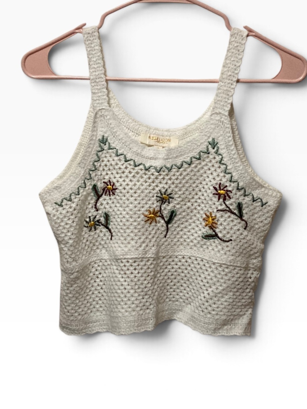 Rebellion Cream Hand-Knit Floral Embroidered Tank